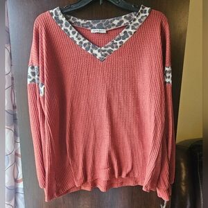 Carole Christian Rust V-Neck Sweater with Leopard Trim Size Medium
